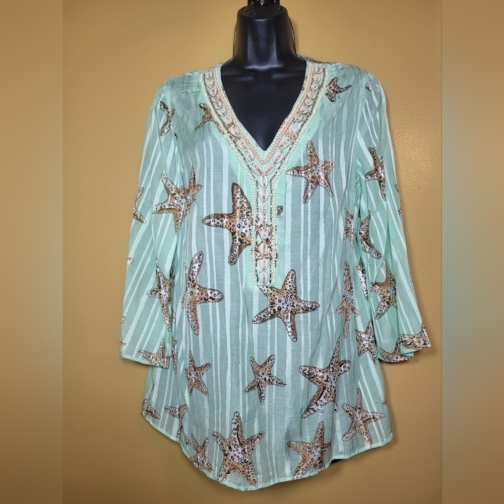 Soft Surroundings Stella Marina Top Metallic Thread Sea Shells Starfish Beaded s